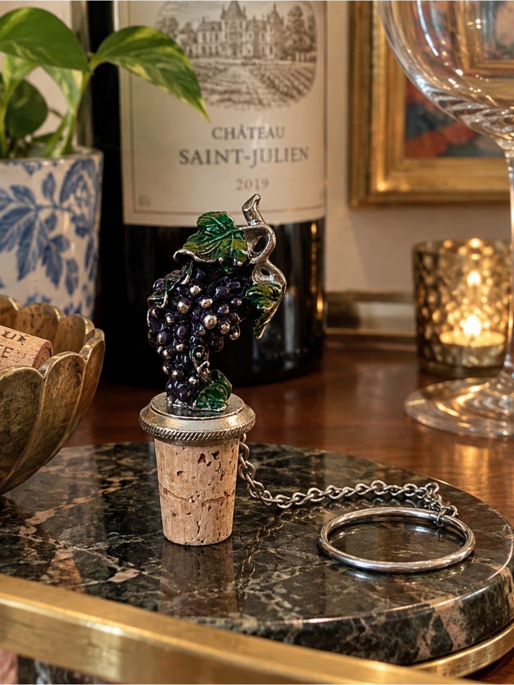 WTU Wine Things Unlimted Purple Grapes Vino Pewter & Cork Stopper Barware Party